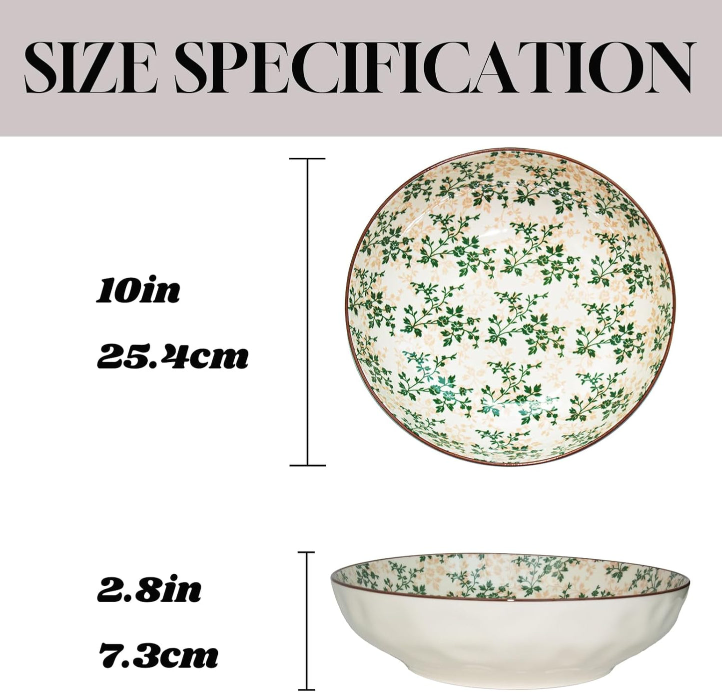 Large Serving Bowls, 78Oz Extra Large Salad Bowls Set of 2, Green Floral Pattern Design Decorative Bowls for Salad, Fruit, Pasta and Dinner, Serving Dishes Set for Party (Green Floral of 2)