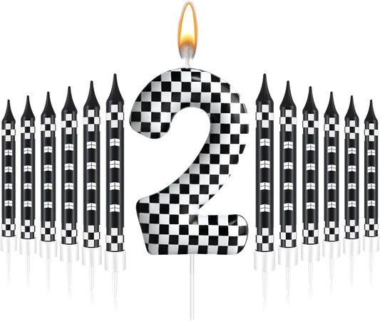 13 Pcs Racing Cars Themed Birthday Candles Black and White Race Number 2 Checkered Candle Cake Topper for Racing Car Party Decoration Supplies (Number 2)