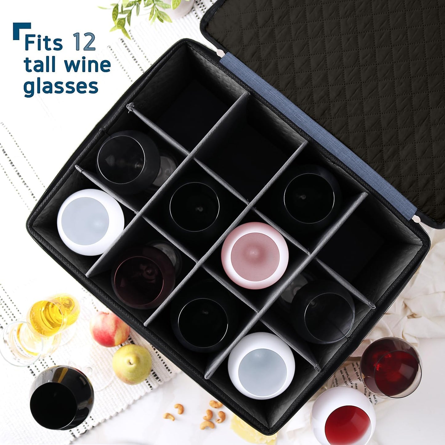 Wine Glass Storage Box with Dividers, 2 Pack Stackable Stemware Storage Cases, Service of 24 Glassware Storage Containers, Quilted China Storage Containers for Moving and Seasonal Storage, Blue