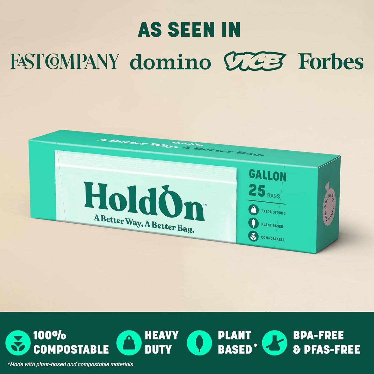 HoldOn Zipseal Gallon Bags - Compostable, PFOA-Free, BPA-Free, Food-Safe Zip Seal Food Storage Bags/Freezer-Safe Gallon Bags With Secure Seal for Home & Travel (2-pack, 50 bags total)