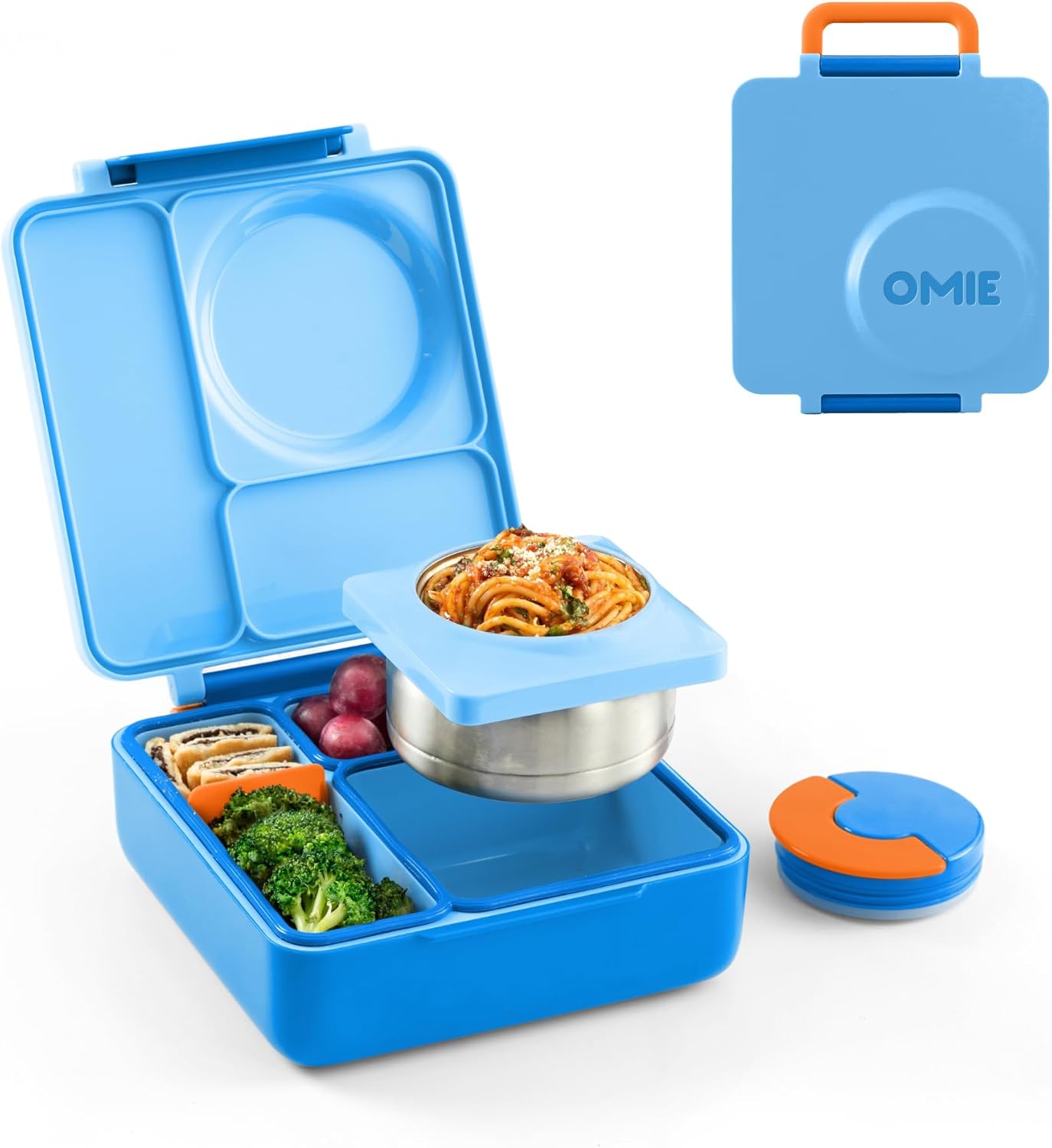 OmieBox Bento Box for Kids - Insulated Bento Lunch Box with Leak Proof Vacuum Insulated Food Jar - 3 Compartments, Two Temperature Zones (Blue Sky)