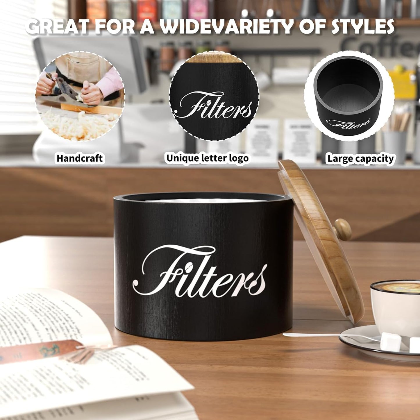 Wooden Coffee Filter Holder with Lid - Round Storage Container for Counter - Rustic Farmhouse Coffee Bar Accessories (Black)