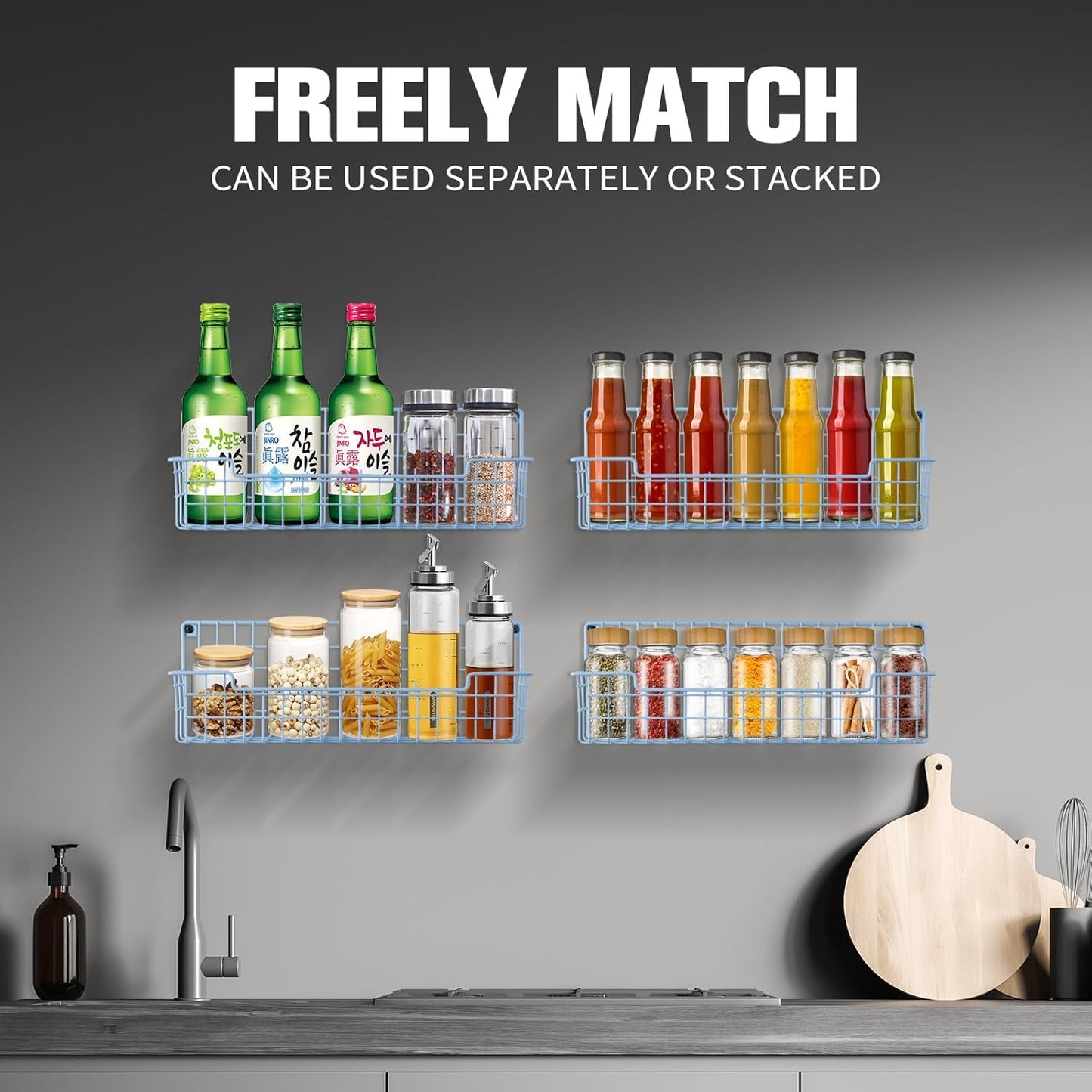 Spice Rack Wall Mount, Wall Spice Organizer for Kitchen Cabinet Door, Pack of 4 Hanging Spice Rack for Wall Saving Kitchen Space, Light Blue