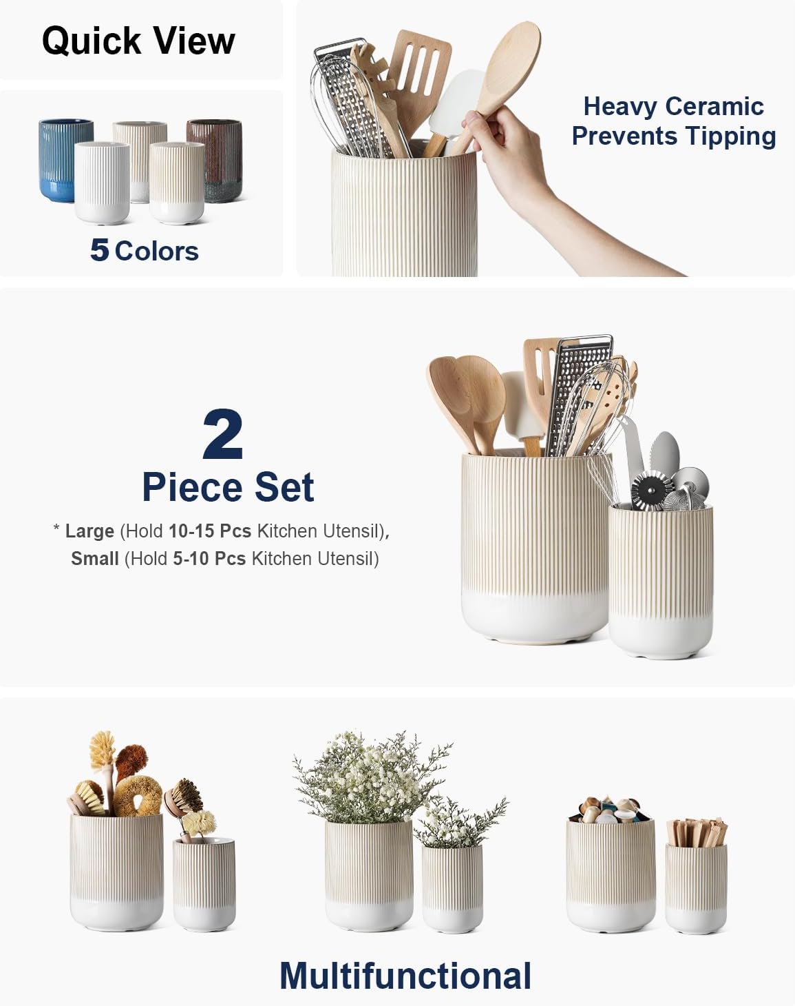 LE TAUCI Utensil Holder, 7.3"+5.4" Ceramic Kitchen Utensil Holder for Countertop, Large Cooking Utensil Crocks Gift for Mom, Boho Farmhouse Kitchen Decor, Set of 2, Reactive Glaze Arctic White