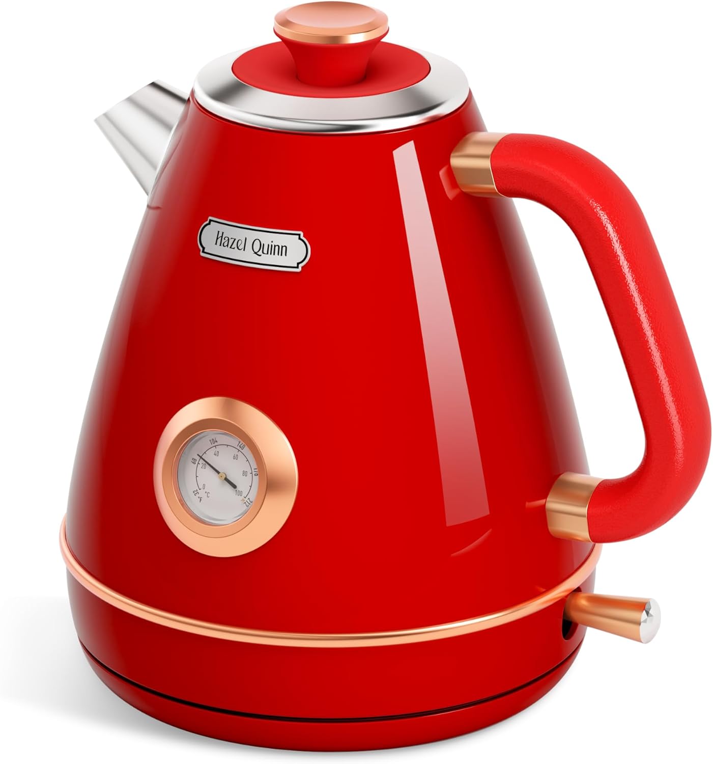Hazel Quinn Retro Electric Kettle - 1.7 Liters / 57.5 Ounces Tea Kettle with Thermometer, All Stainless Steel, Fast Boiling 1200 W, BPA-free, Cordless, Rotational Base, Automatic Shut Off - Ruby Red