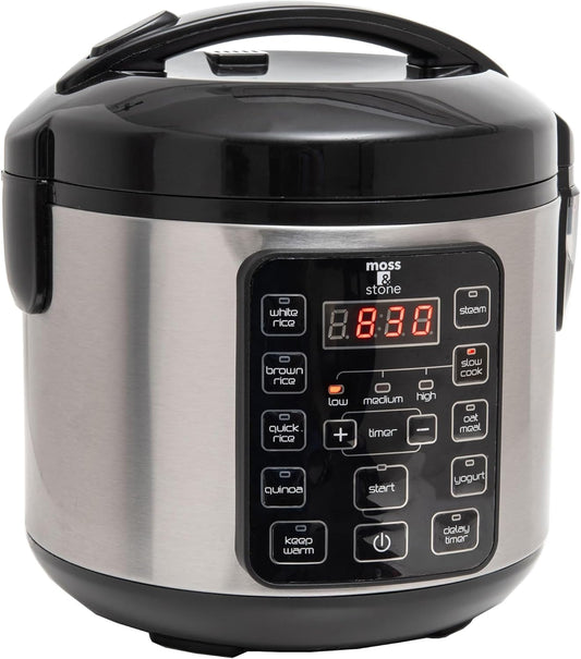 Moss & Stone - Small Digital Electric Rice Cooker, 4-8 Cups, 10 Preset Settings, Brown and White Rice Steamer, Slow Cooker with Steamer for Vegetables, Pot