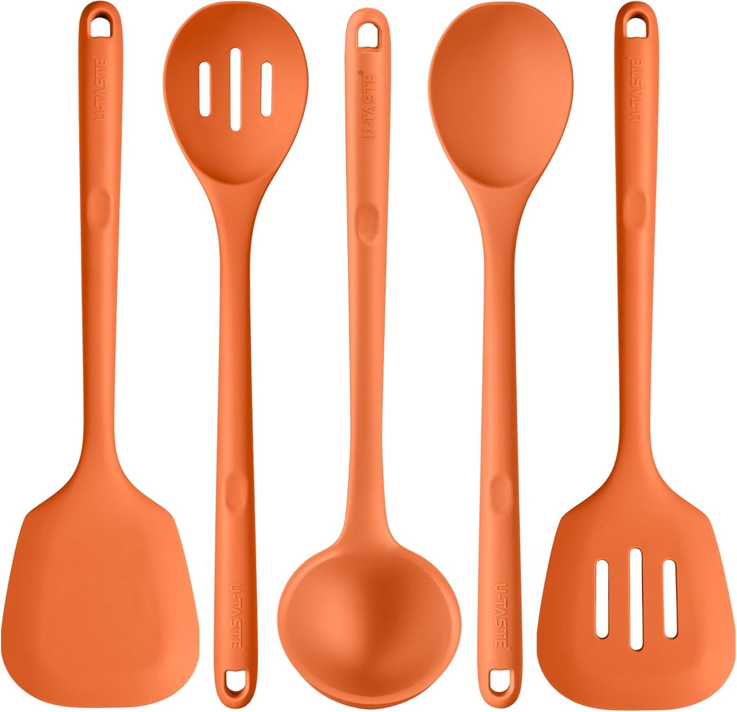 Silicone Kitchen Cooking Utensil Set: U-Taste 600ºF Heat Resistant 13.6in Extra Long Kitchen Tools, Food-Grade Non-Stick Spatula Turner Spoon Ladle for Stir Frying, Serving, Mixing (5 Pieces, Orange)
