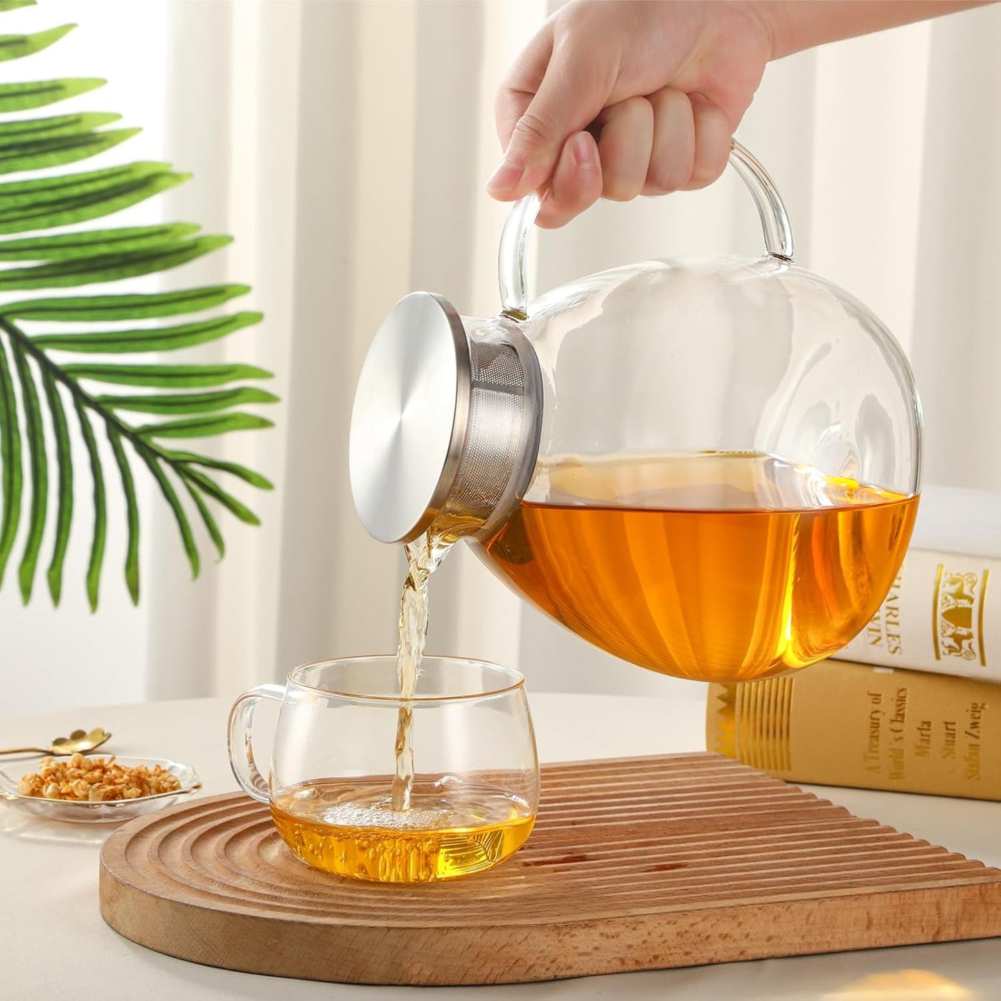 68OZ/2000ML One Touch Glass Teapot with Stainless Steel Filter Lid, Stovetop & Microwave Safe Tea Maker Water Kettle, Strainer & Cover 2 in 1 Loose Leaf Tea Steeper Pot Coffee Carafe