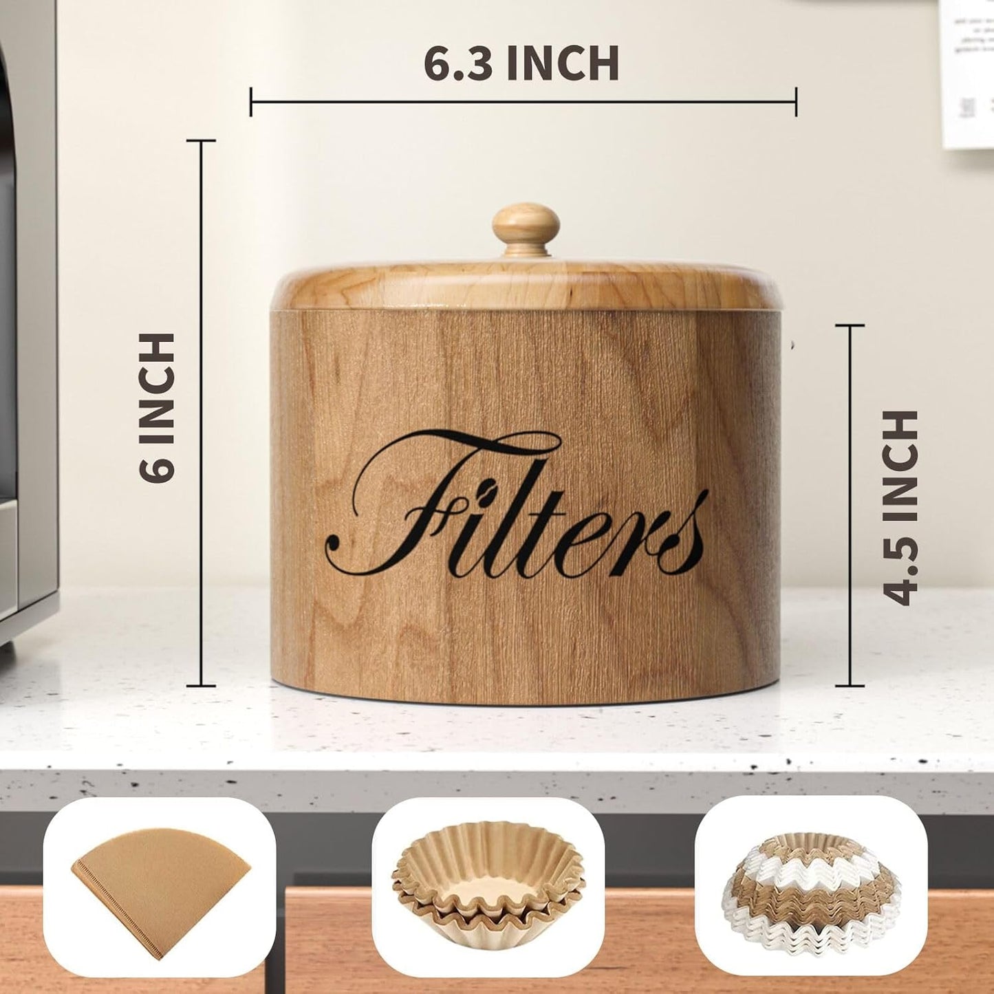 Coffee Filter Holder, Wooden Coffee Filter Storage with Lid, Round Coffee Filter Container for Counter, Rustic Coffee Bar Accessories Holder Decor (Natural)