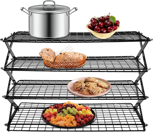 4-Tier Collapsible Cooling Rack – 16" x 10" Adjustable Stackable Non-Stick Wire Rack for Baking, Roasting, Cookies, Cakes, Drying, Picnic & BBQ, Each Tier Holds 22 Lbs