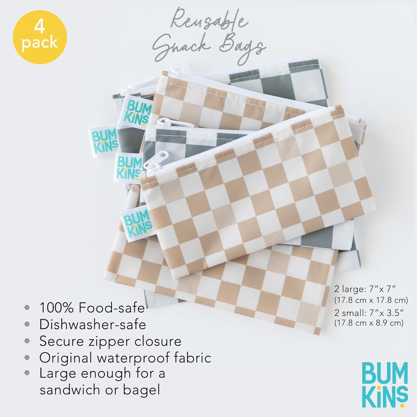 Bumkins - Cloth Snack & Sandwich Bags - For Storage, Travel, Food Prep, Lunch - Reusable, Water Resistant, Washable, Dishwasher Safe - Snack Bags for Kids - Zipper Closure - Check - 4 Pack