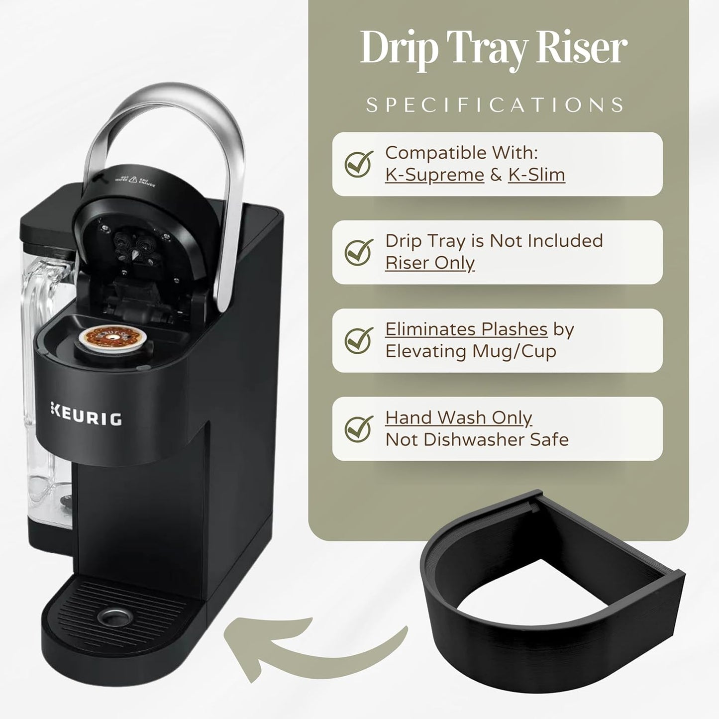 Drip Tray Mug/Cup Riser Made for the Keurig to Reduce Splashes - Riser Only (White, K-Slim 1.25 inches Tall)