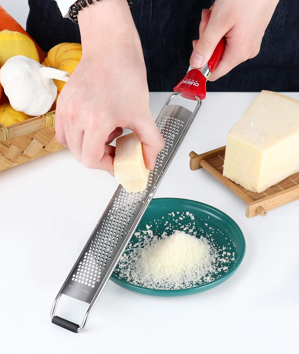 Ourokhome Kitchen Lemon Zester, Stainless Steel Hand Held Parmesan Cheese Grater for Ginger, Chocolate, Coconut, Lime, Nutmeg, Citrus, Fruit, Vegetable with Cleaning Brush, Dishwasher safe, Red