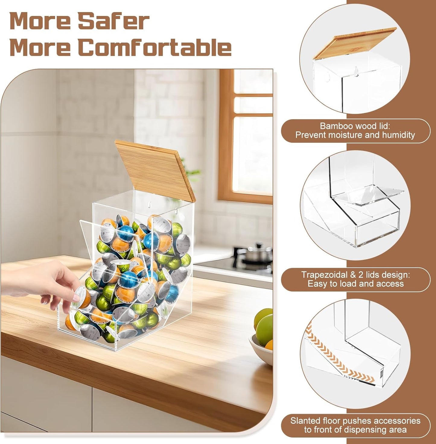 TCJJ Coffee pod organizer with bamboo lid, transparent k cup holder, 170 cubic inches capacity, can be placed on a tabletop or mounted on a wall, compatible with Nestlé coffee pod.