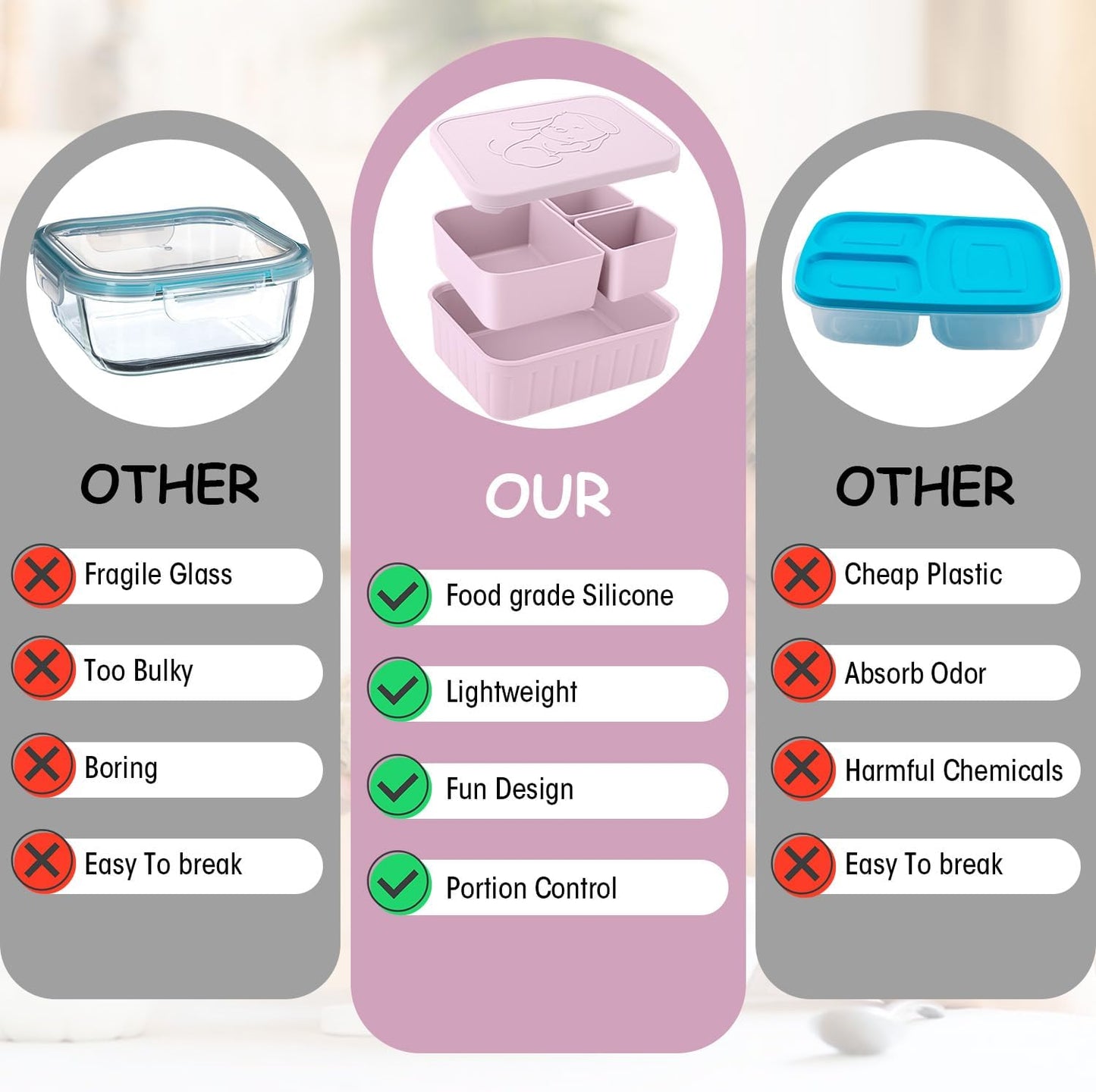 Bento Lunch Box for Kids-Reusable Silicone Kids Bento Box Lunch Container Leakproof Lunchbox Meal Prep Food Storage Containers with 3 Removable Compartments–Dishwasher Safe/BPA Free/Portion Control