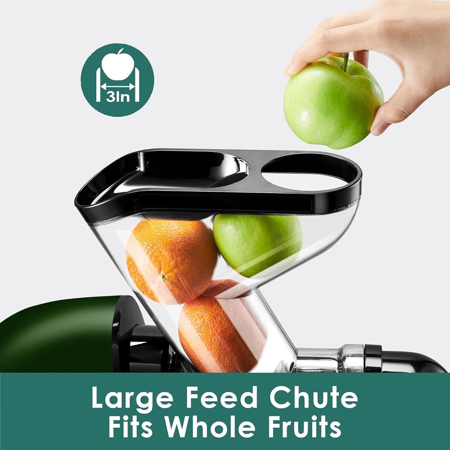 Cold Press Juicer, Masticating Slow Juicer,Juicer Machines Vegetable and Fruit, 3-Inch Wide Feeding Chute, BPA Free Easy to Clean,Quiet and Strong DC Power, 200W(Dark Green)