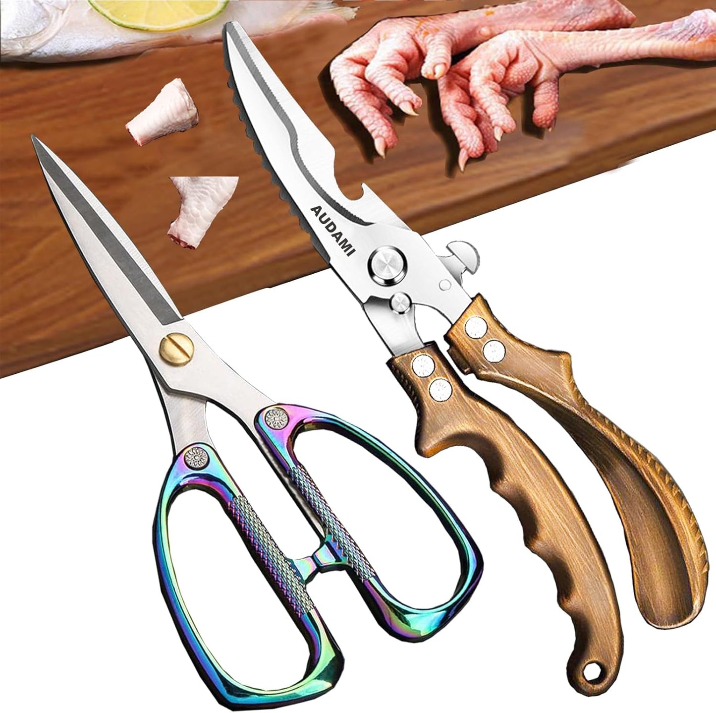 Poultry Shears 2-Pack, Heavy Duty Meat Scissors, Stainless Steel Spring Loaded, Turkey & Chicken Shears, Food Scissors