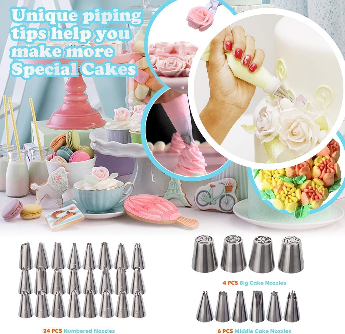 207 Pcs Cake Decorating supplies Kit for Beginners Cake Turntable-100+ Piping Bags-Russian Piping Tips-Icing Spatula Cake Decorating Tools