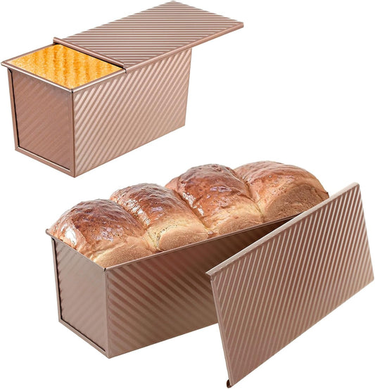 SS&CC Pullman Loaf Pan with Lid 2-Pack, 2.2lb & 1lb Carbon Steel Bread Pan for Homemade Sourdough & Sandwich Bread | Nonstick Bakeware, Heavy Duty & Easy Clean (Gold, 1lb+2.2lb)