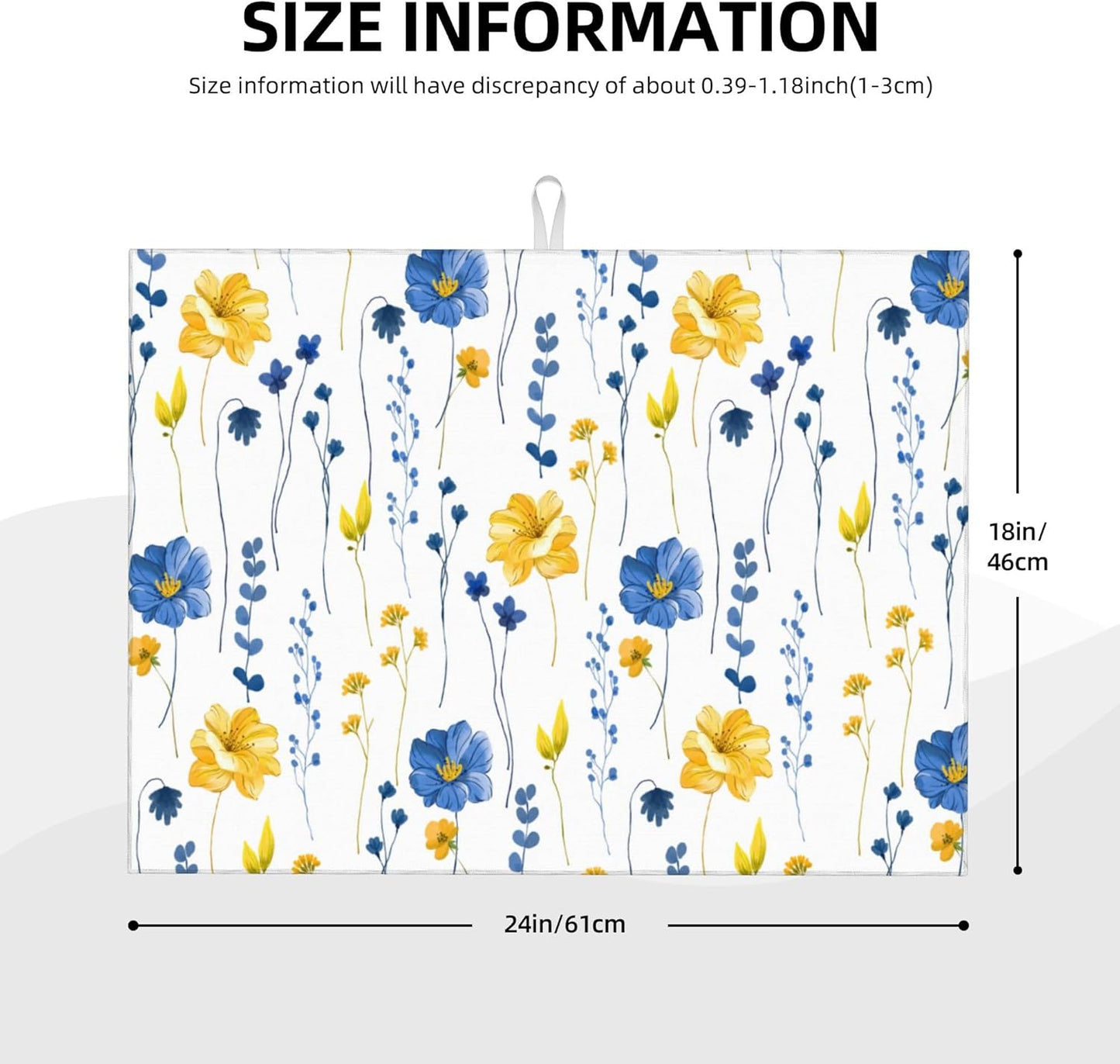 Watercolor Floral Decorative Microfiber Dish Drying Mat for Kitchen Counter 18"x24" Navy Blue Yellow Flower Dishes Pad Dish Drainer Rack Mats Absorbent Washable Reusable