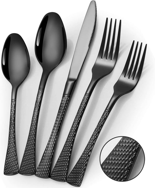 Hammered Black Silverware Set for 8,Stainless Steel 40-Piece Modern Cutlery Set,Mirror Polished Heavy Duty Flatware Set Utensil Set,Knives Spoons and Forks Set,Dishwasher Safe