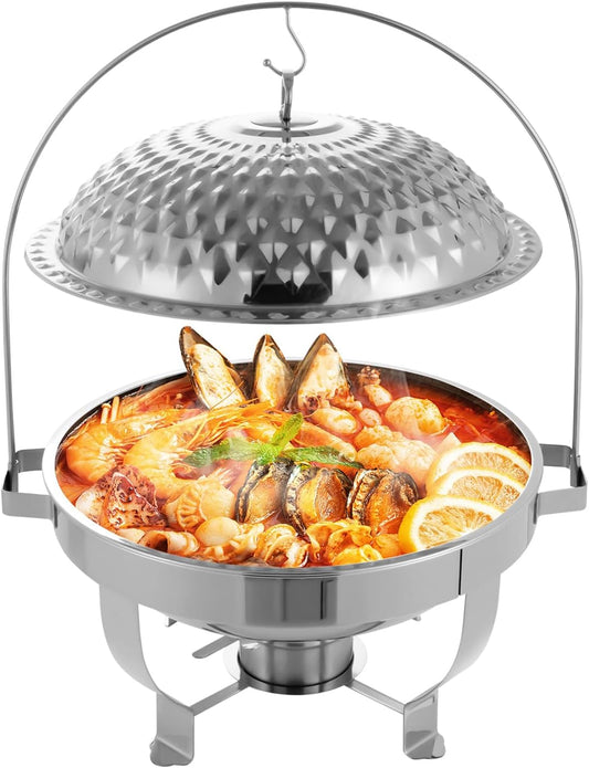 Chafing Dish Buffet Set, Stainless Steel Hanging Lid Dining Stove, Roll Top Chafing Dish Buffet Diamond-Shaped Lid and Round Stand for Buffet Restaurants and Banquets (Silver, 8L/8.5QT)
