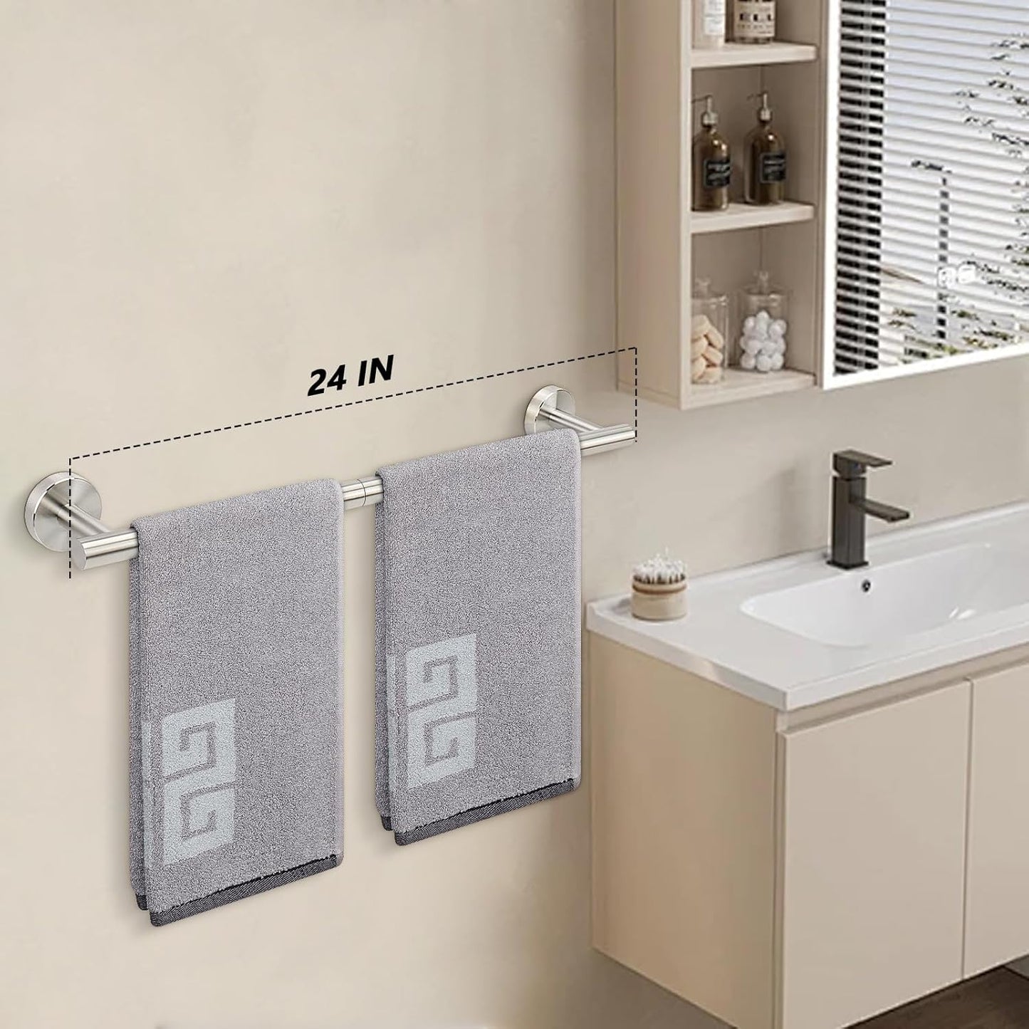 NearMoon Bath Towel Bar, Bath Accessories Thicken Stainless Steel Shower Towel Rack for Bathroom, Towel Holder Wall Mounted (2 Pack, Brushed Nickel, 24 Inch)