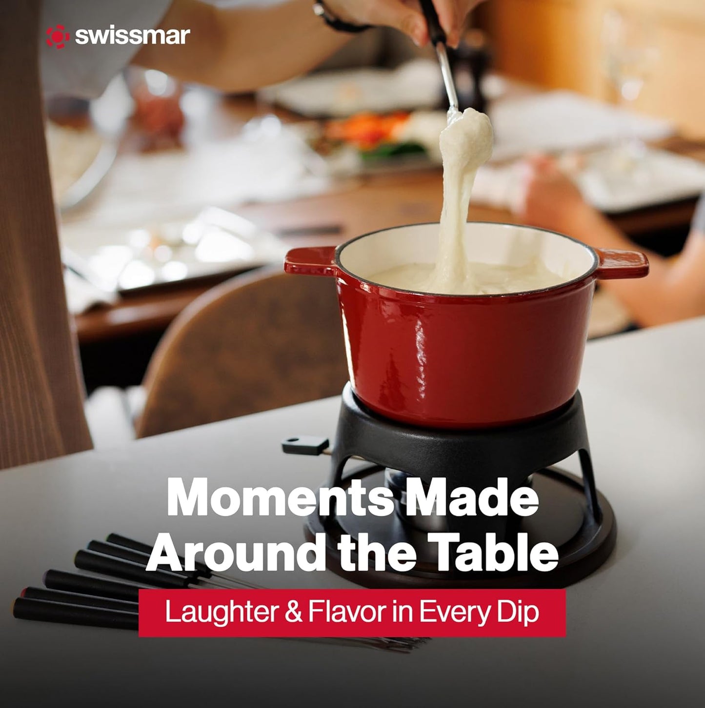 Swissmar Sierra Cast Iron Fondue Set, 1.6 Quart / 1.6 Liter – Perfect for Meat, Cheese, & Chocolate Fondues – Ideal for Family Bonding & Hosting Gifts - 12-Pieces, Cherry Red