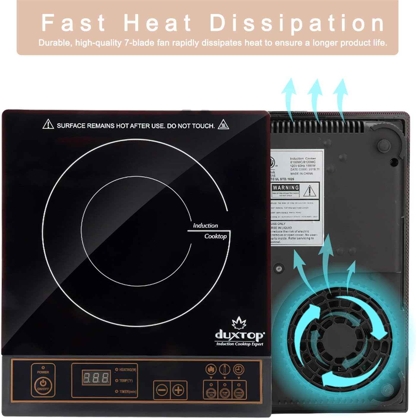 Duxtop 1800W Portable Induction Cooktop Countertop Burner, Silver 8120MC/BT-180G3