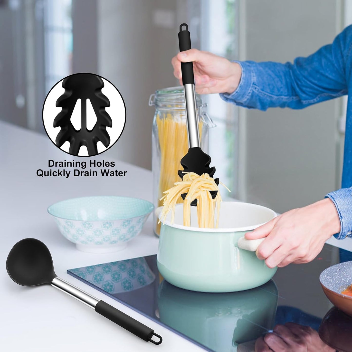 TeamFar Silicone Pasta Fork and Ladle Spoon Set, 2 Pcs Large Nonstick Kitchen Utensils with Stainless Steel Handle for Cooking, Draining, Serving Soup, Sauce, Spaghetti, Healthy & Heat-Proof, Black