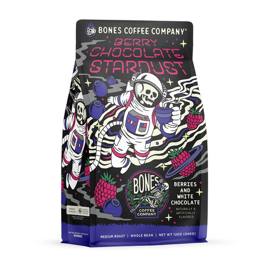 Bones Coffee Company Berry Chocolate Stardust, Berries and White Chocolate Flavored Coffee, Medium Roast Low Acid Arabica Beans For Auto drip and French Press Coffee Maker, 12 Oz Whole Bean