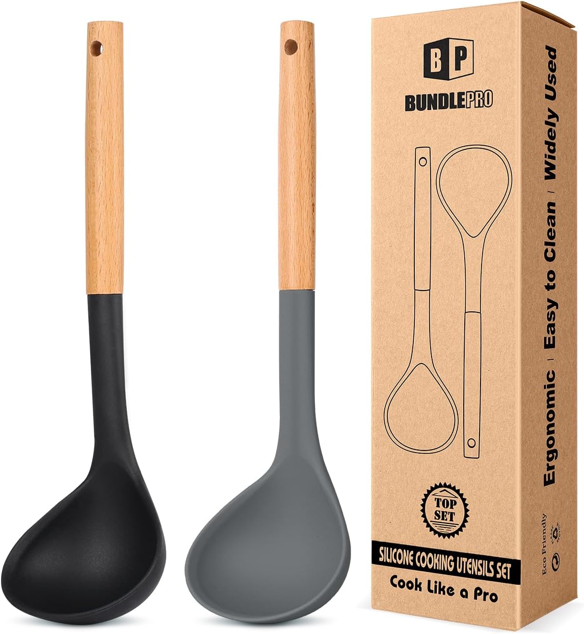 Pack of 2 Soup Ladle, Silicone Ladle Spoon with Wooden Handle, Large Non Stick High Heat Resistant Kitchen Utensils for Cooking, Stirring, Serving Soups(BLACK-GRAY)