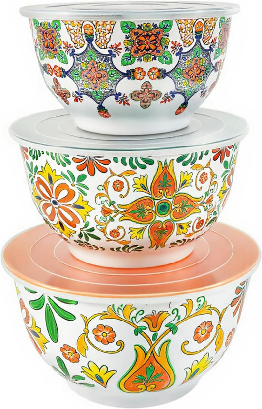 TP Large Mixing Bowl Set with Lids, Melamine Nesting Bowls Set for Pasta Baking Salad Mixing, Set of 3, Aztec Bloom