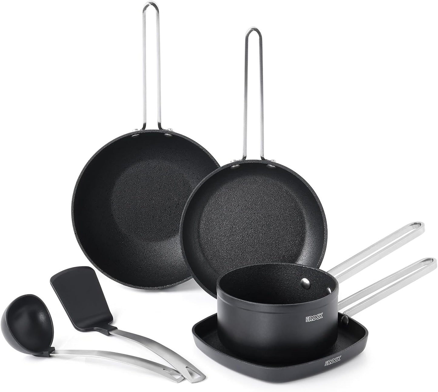 THE ROCK Single Serve Nonstick Pots and Pans Set, 6pc Portion Control Cookware Set with Rock.Tec, Scratch/Stain/Crack Proof, Oven & Dishwasher Safe, Perfect for Dorm, Camping & Small Kitchens, Black
