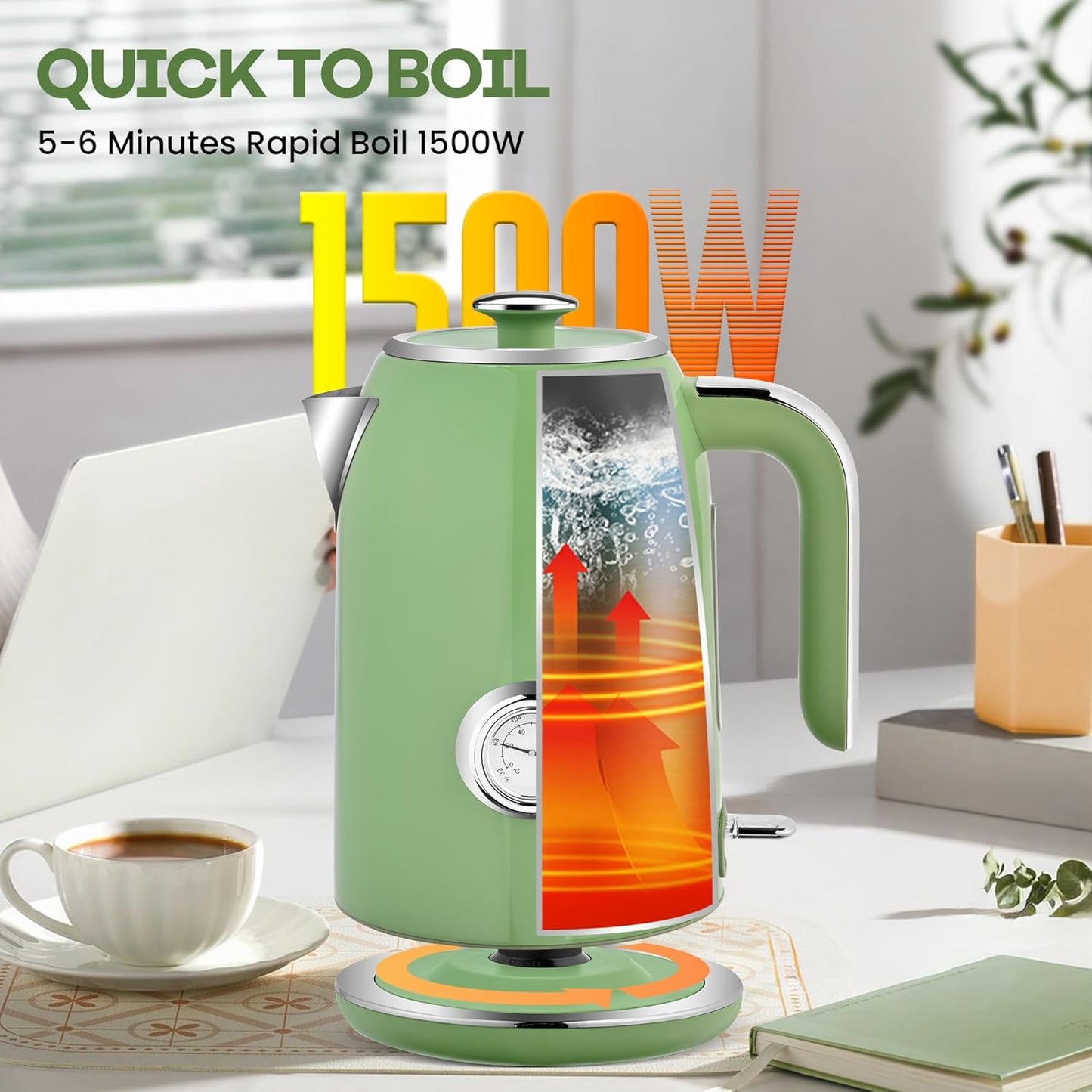 Pukomc Electric Kettle,1.7L Stainless Steel Electric tea kettle with Temperature Gauge, Fast Boiling, Auto Shut - off, BPA - Free, Boil - Dry Protection, (Retro Green)