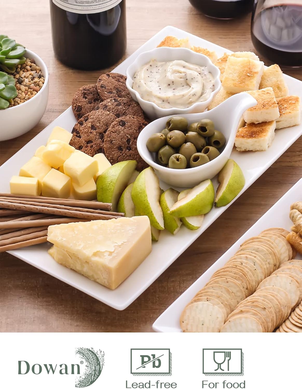 DOWAN 14" Serving Trays, Serving Platters, Ceramic Serving Platters and Trays, Rectangle Plates, Set of 3, for Weddings, Parties, Oven, Microwave, Dishwasher, Heat Resistant, Easy to Clean, White