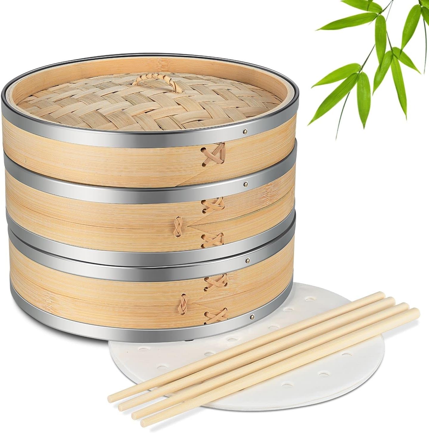 Flexzion Bamboo Steamer Basket Set (10 inch) with Stainless Steel Banding, 50 x Steamer Liners and 2 Pairs of Chopsticks, Steam Baskets for DimSum Dumplings, Rice, Vegetables, Fish and Meat