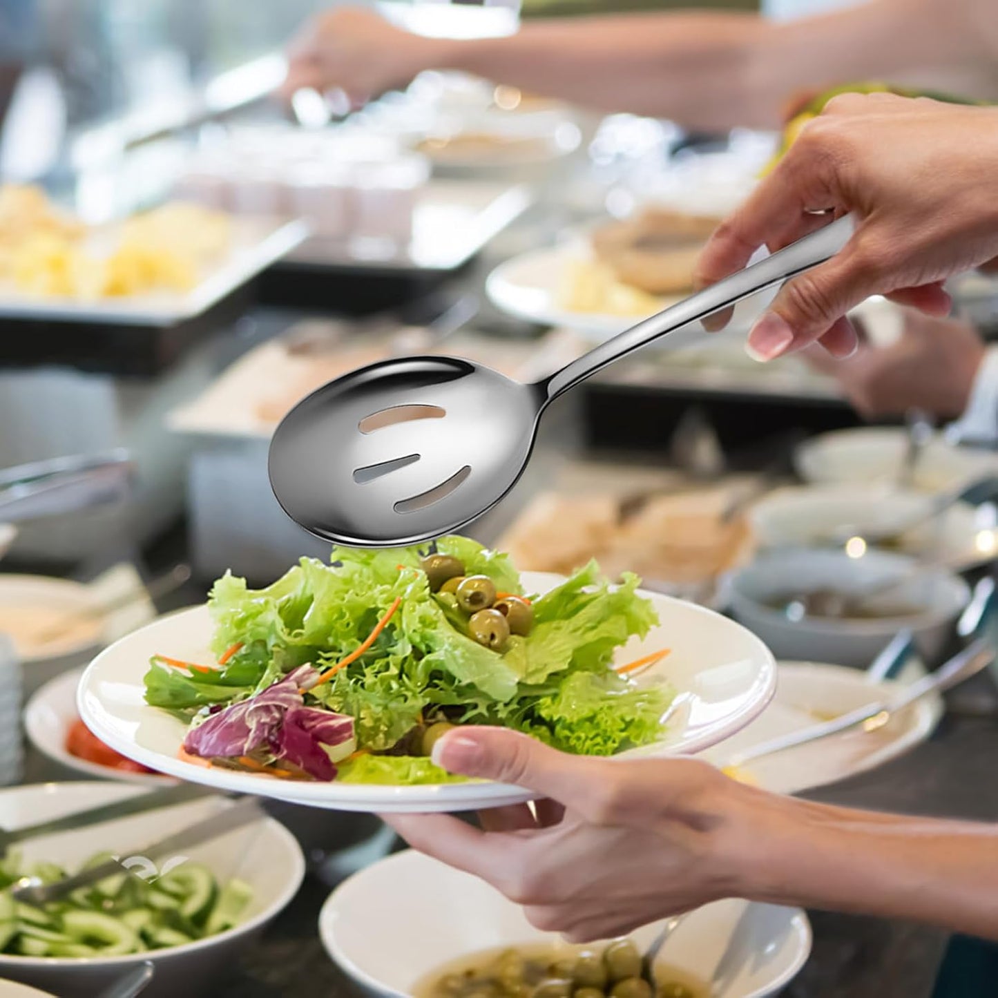 Large Serving Spoons, 8 Pieces Large Stainless Steel Serving Spoons Set Includes 8 Large Slotted Spoons. Serving Spoons for Parties/Kitchen/Buffet, Dishwasher Safe, 10-Inch, Silver