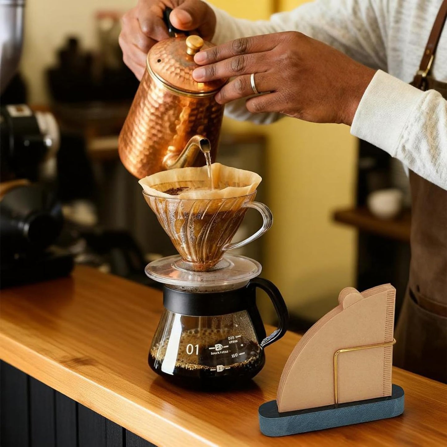 Cone Coffee Filter Holder for Counter, Coffee Filter Storage Container for Cone Paper Filters Size #01 ＆ #02, Marble Base with Non-Slip Pad (Black)