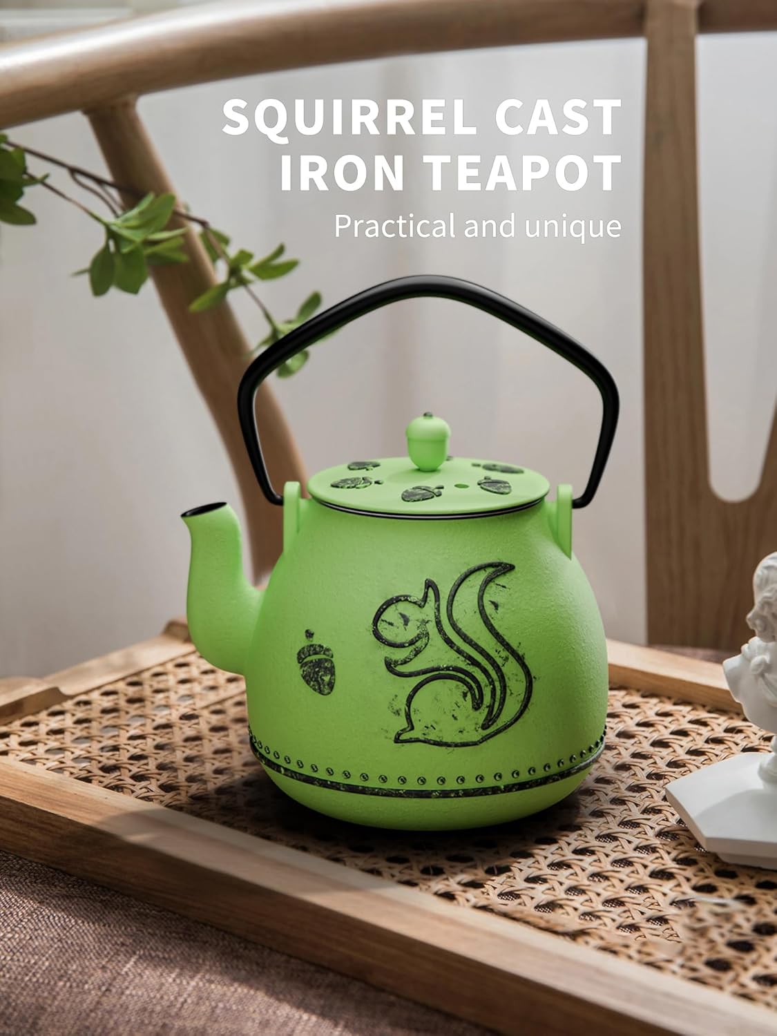 Toptier Teapot with Removable Infuser, Cast Iron Tea Kettle Stovetop Safe, Squirrel Design Tea Pot Coated with Enameled Interior for 32 Ounce (950 ml), Bright Green