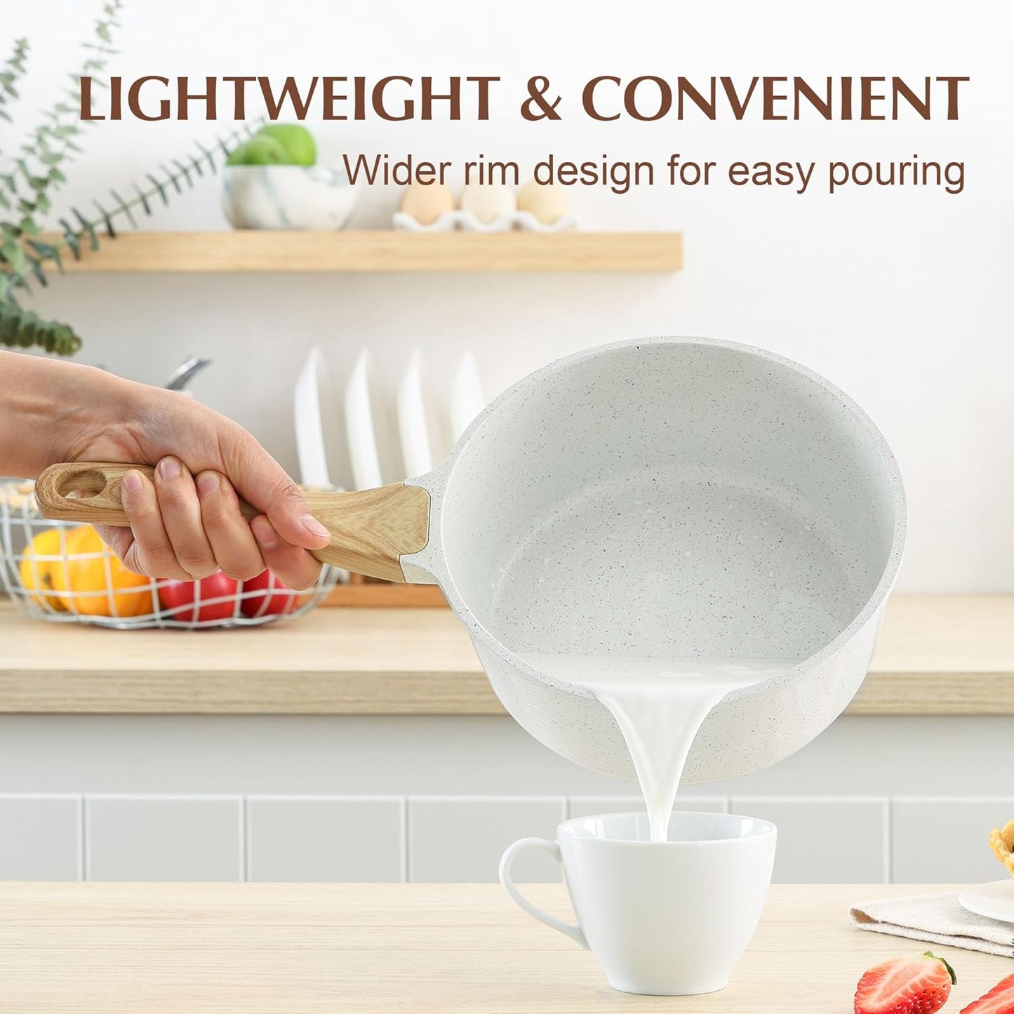 SENSARTE White Ceramic Nonstick Saucepan with Lid 2.5 Quarts, Medium Cooking Pot with Stay Cool Handle, Induction Compatible Saucepot, White Granite Coating, Free of Intentionally Added PTFE/PFOA/PFAS