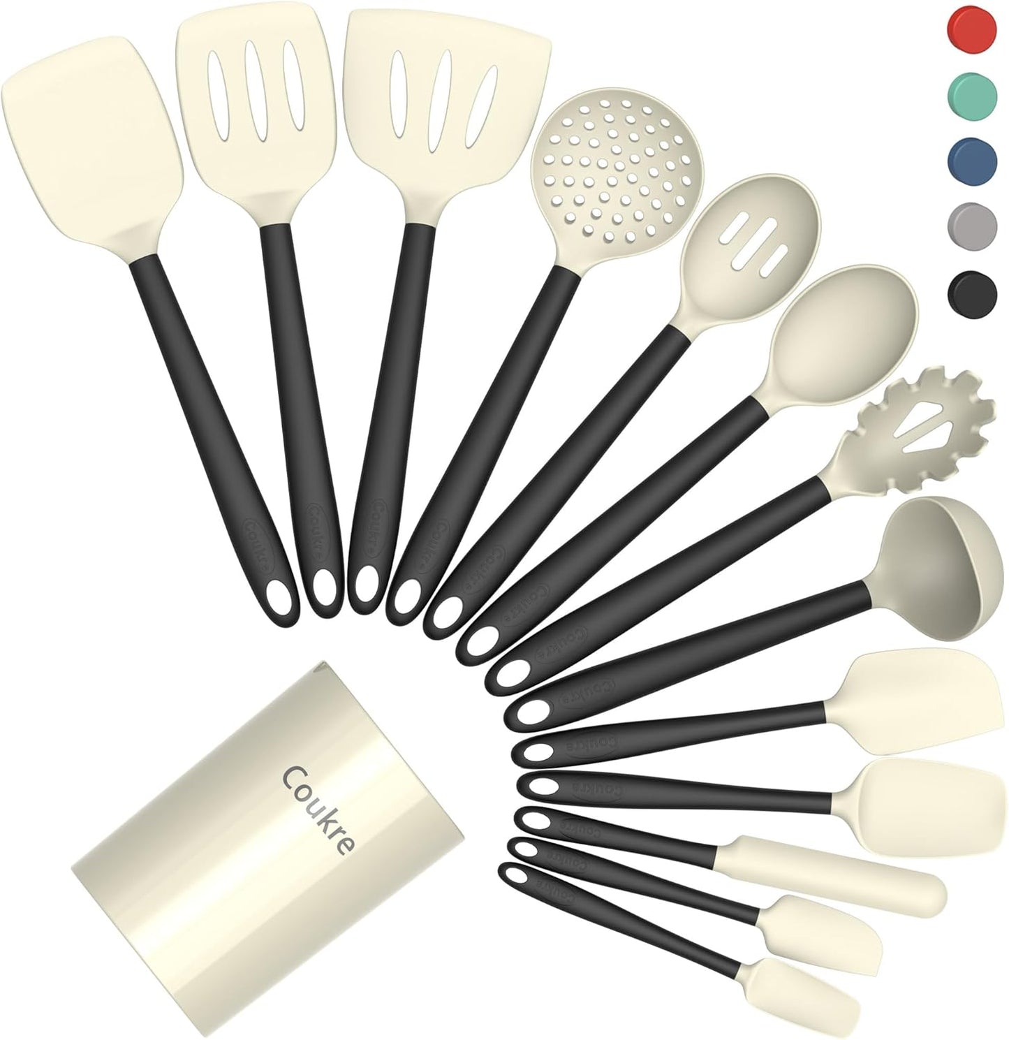 Coukre Silicone Kitchen Cooking Utensils Set with Holder – Heat-Resistant, Food-Grade Kitchen Tools, Spatula, Spoon & Gadgets for Non-Stick Pans, Dishwasher Safe (14, Beige)