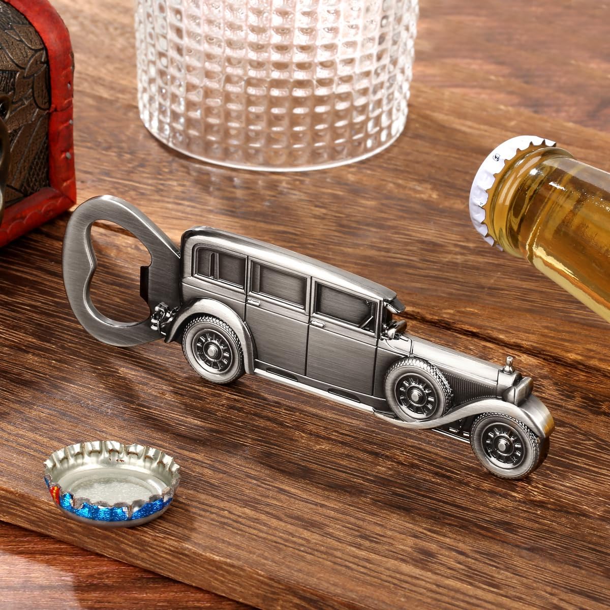 LKKCHER Car Bottle Opener, Classic Car Gifts for Men Him, Birthday Fathers Day Christmas Gifts for Men Dad Grandpa, Vintage Beer Accessories, Silver with Gift Bag