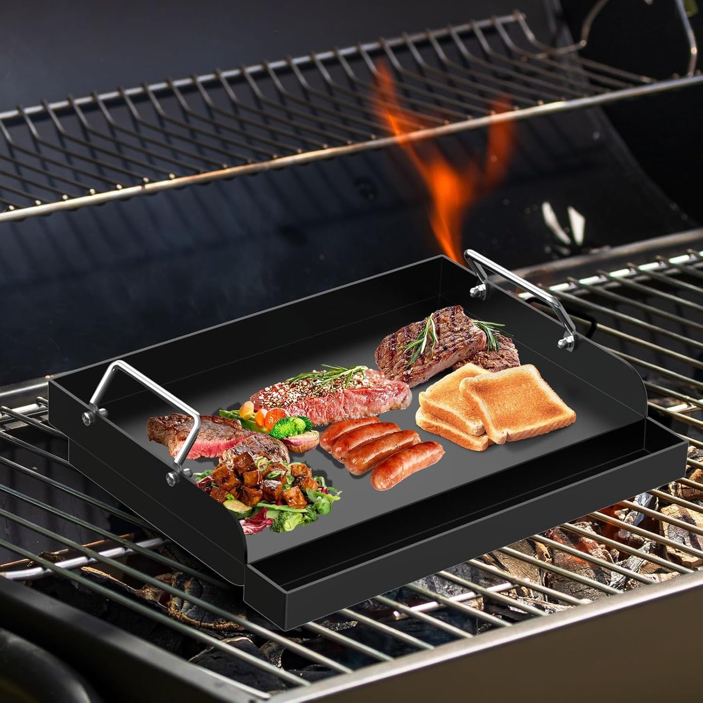 Nonstick Grill Griddle for Most Gas Grill 17" x 13" Universal Flat Top Cooking Plate Insert for Charcoal/Gas/Electric Oven with Grease Groove and Removable Handles