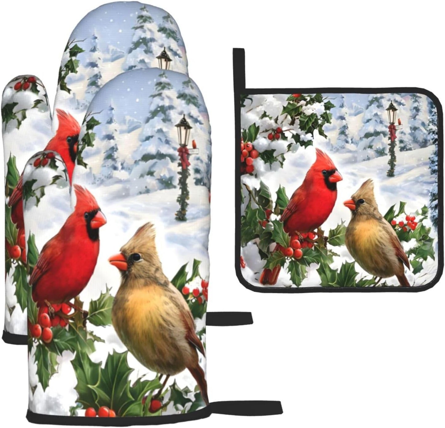 Winter Cardinal Christmas Oven Mitts and Pot Holders Sets of 3,Heat Resistant Hot Pads Oven Gloves for Cooking Grilling Baking, Christmas Kitchen Decor, for Women