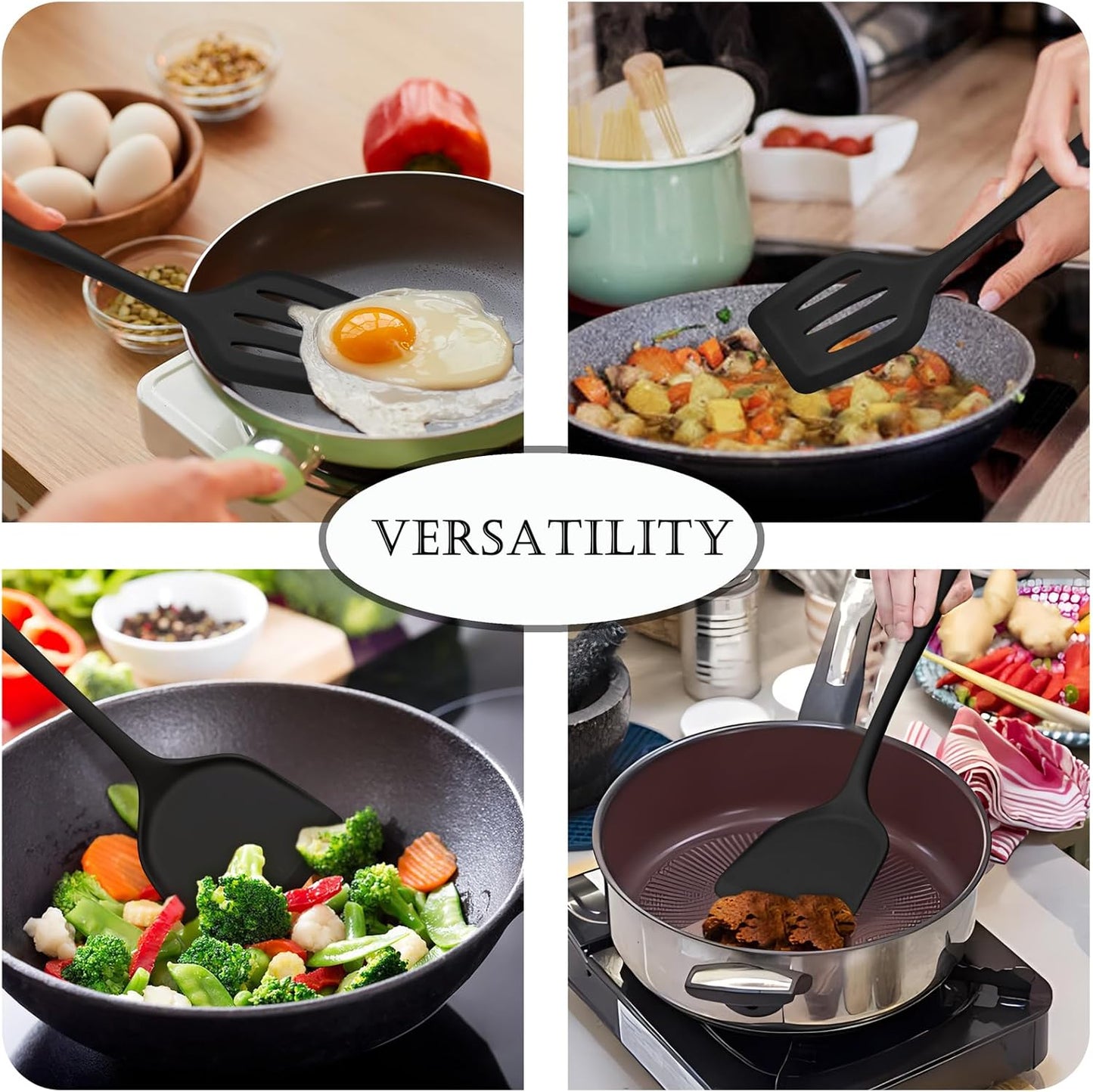 TeamFar Silicone Spatulas, 2pcs Solid & Slotted Cooking Turner for Non-stick Cookware, Kitchen Utensils for Flipping/Frying, Healthy & Seamless, Heat-Resistant & Non-Scratch, Dishwasher Safe, Black