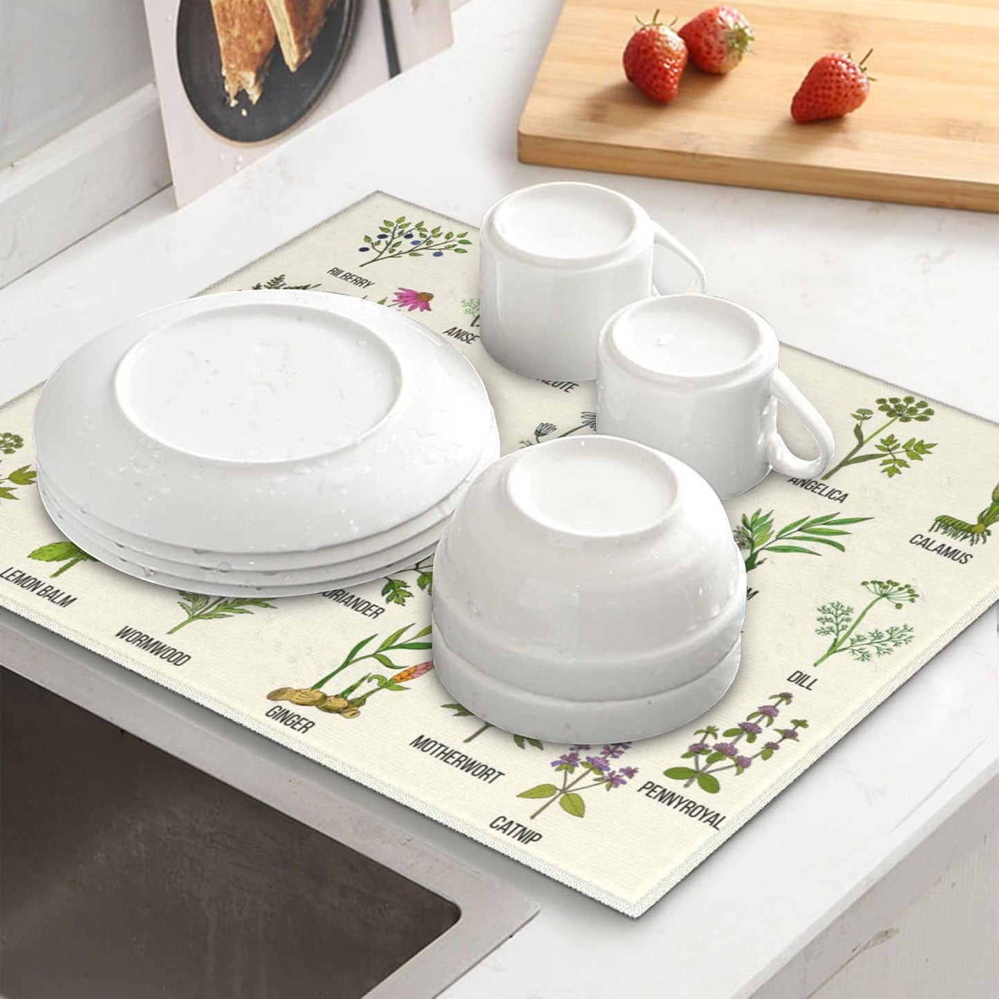 Cute Herbs Botanic Garden Plants Dish Drying Mat for Kitchen Counter Washable Absorbent Reversible Microfiber Drying Pad Kitchen Accessories 16"x18"