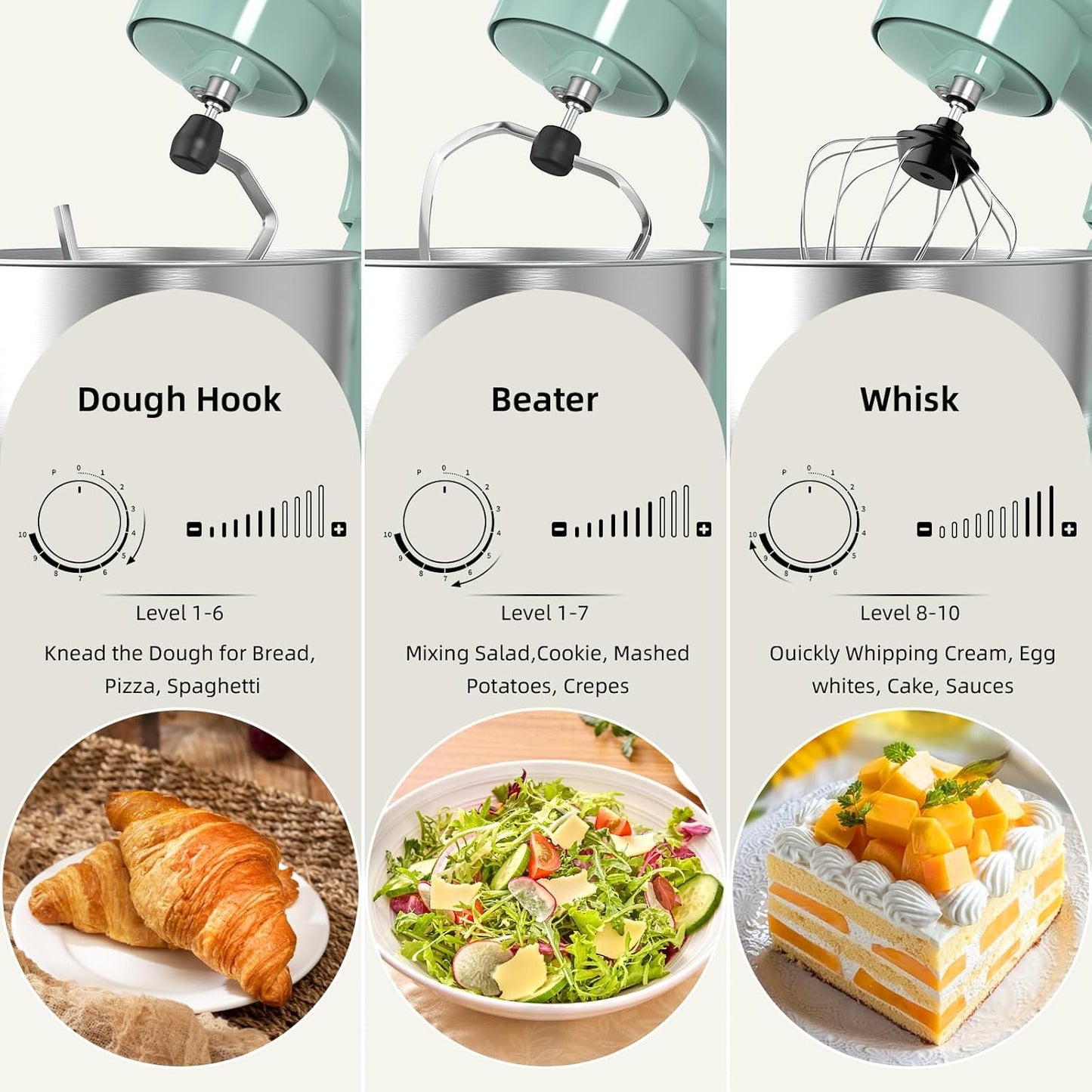 Electric Stand Mixer,10 Speeds Tilt-Head Food Mixer, 3-IN-1 Kitchen Mixer for Daily Cooks with Dishwasher-Safe 6QT Bowl,Dough Hook, Beater, Whisk (Agave Green)