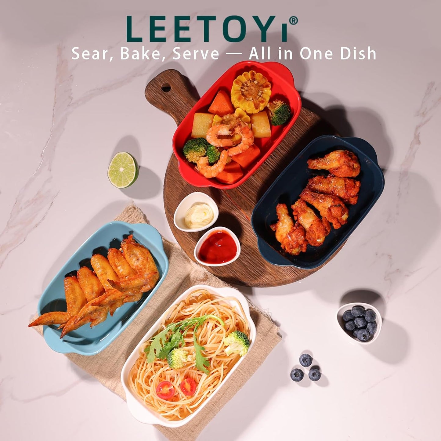 LEETOYI Ceramic Small Baking Dish, Porcelain 2-Piece Rectangular Bakeware with Double Handle, Baking Pans for Cooking and Cake Dinner 7.5"×5 (White)