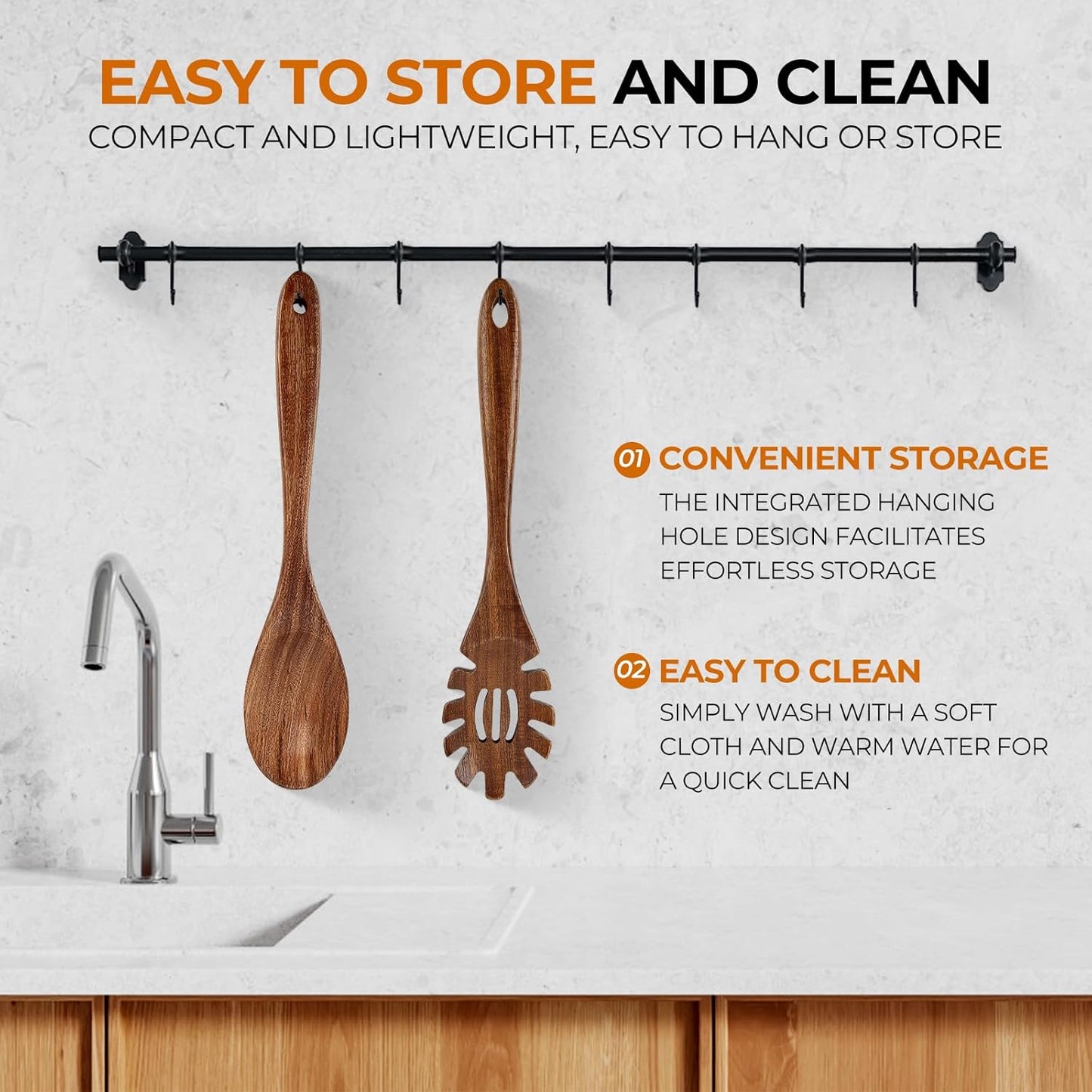 AIUHI Teak Wood Pasta Server, Wooden Spaghetti Noodle Spoon with Teech, Long Handle Spaghetti Fork and Scoop Set (2 Pcs)